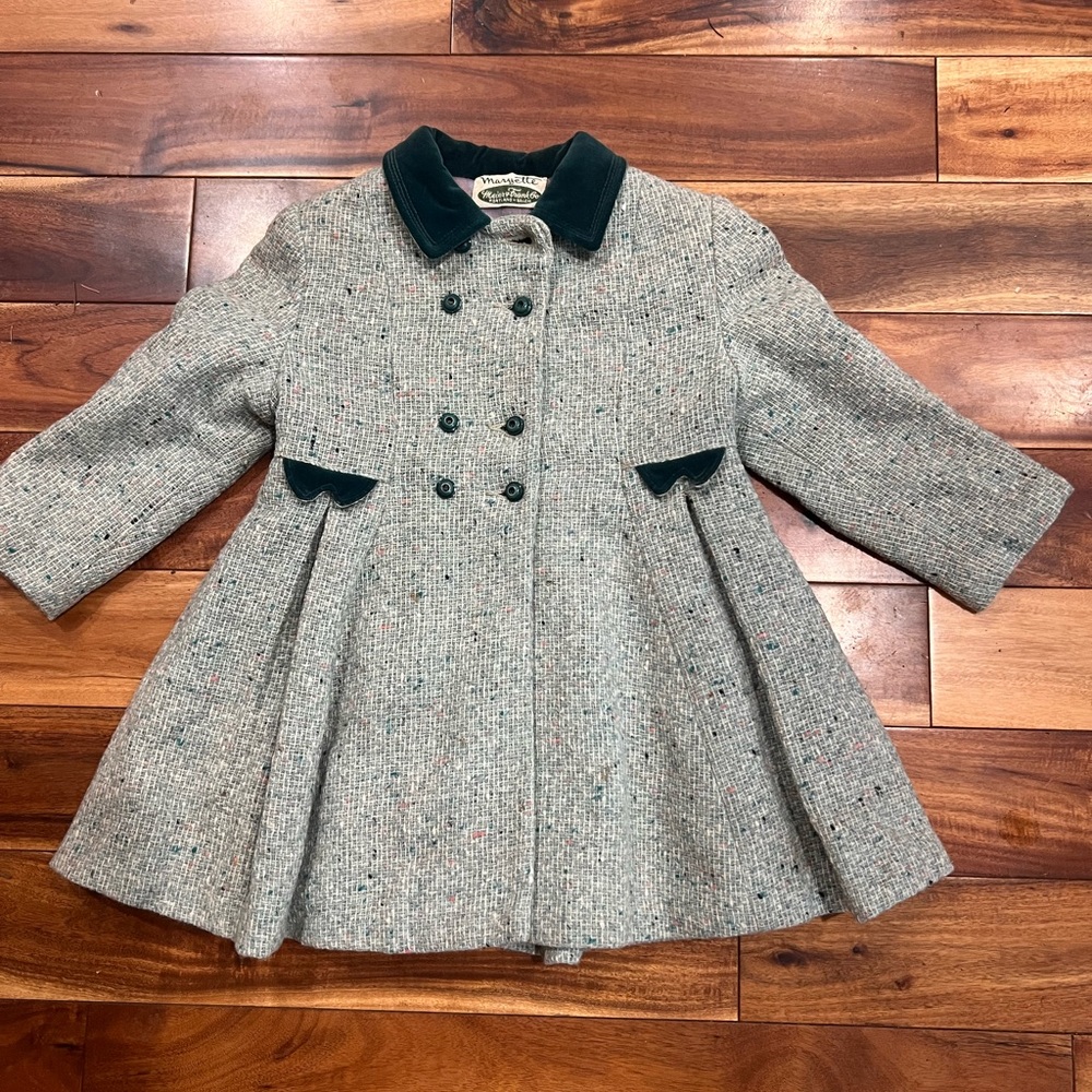 Vintage 50s 60s Bambury Wool Tweed Swing Coat Girls Green Velvet Collar